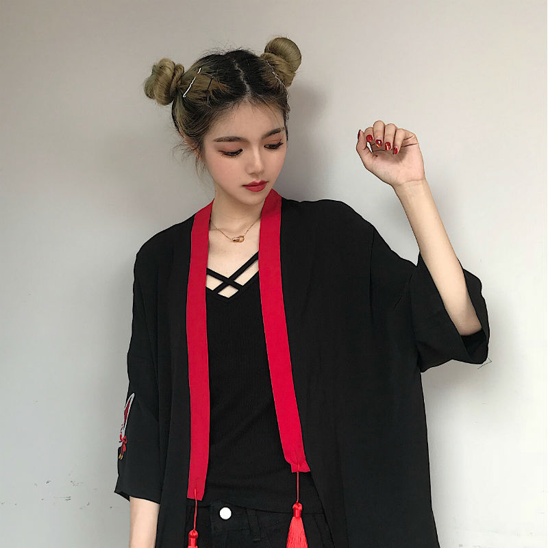 Harajuku Fox Embroidery Kimono Chinese Style Retro Tassels Sunscreen V-Neck Cardigan Loose oat Batwing Sleeved Jacket Tops 2018