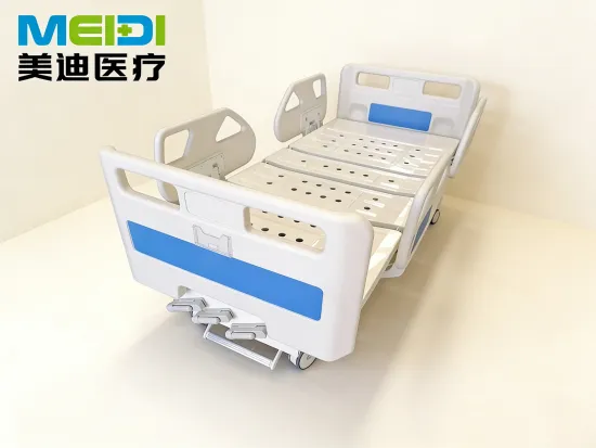 Punching Three-Crank Hospital Bed with Four Small Blue Side Rails & Central Control Brake