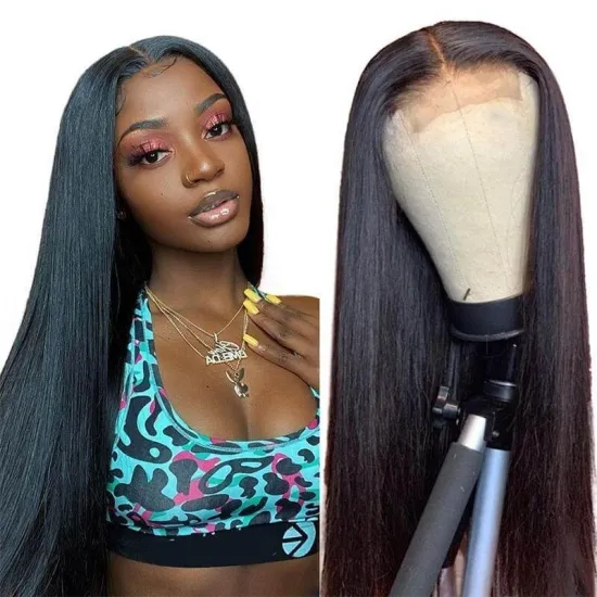 BIS Brazilian 100% Human  Hair 4x4 Silky Straight Waves Wig For Black Women, 150 Density Wigs With Transparent Lace Closure Wig