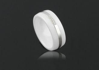 Rhodium Plated White Ceramic Ring With Silver Band , Cubic