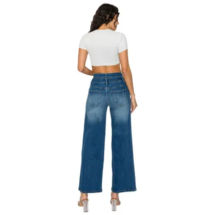 New Design Ladies Wide Leg Jeans Double Waist High Rise Denim Pants