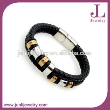 Amazon Aliexpress Hot Sale Genuine Two Layers Leather Bracelet Stainless Steel Beaded Magnetic Bracelet