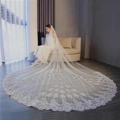 Wholesale Luxury White Wedding Veil - Two Layer Lace Cathedral Bridal Veil