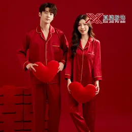 Red Bear Jacquard Satin Couple Pajama Set