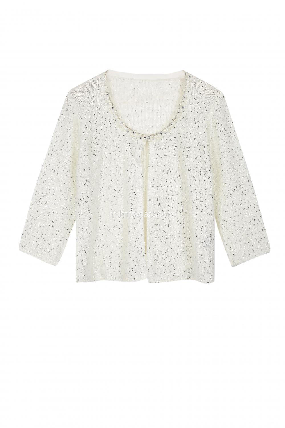 Cardigan ras du cou avec collier de diamants en fil de paillettes tricotées pour femmes