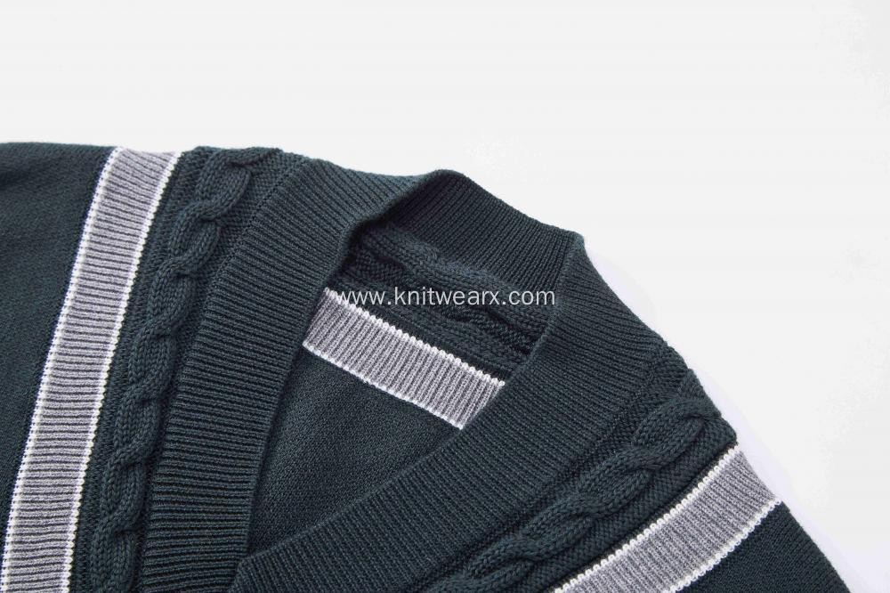 Boy's Knitted Cable Contrast Stripe Neck School Vest