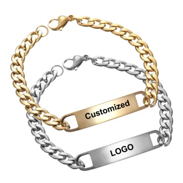 Customizable Personalized Punk Hip Hop Style Silver 18K Gold Plated Stainless Steel Cuban Chain Bracelet with Men's Name and Logo