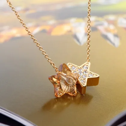 2016 OUXI Best Selling Women Gold Jewelry Gold Crystal Double Star Necklace