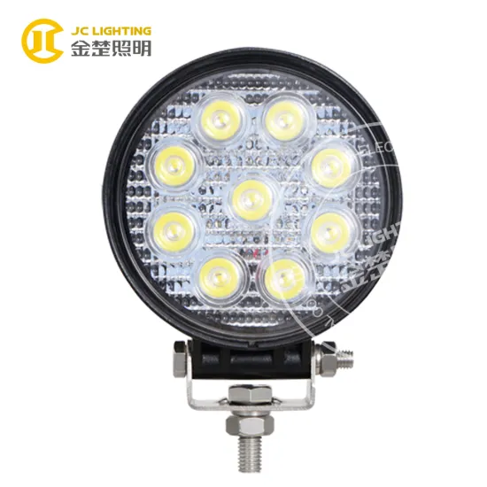 IP68 Round 27w led headlight work light for car,ATV, tractor, trailer, 27w led work light with spot and flood beam
