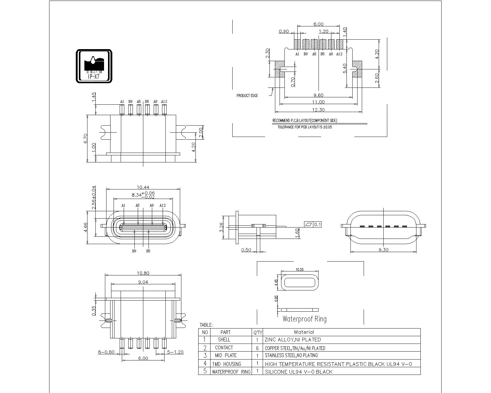 WU3.1FM20 -Z-X-C-S0-X-C Type-C 6P Female Waterproof 90° SMT Offset Type H=6.7,With Cambered Steel Sheet