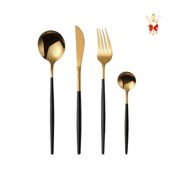 Stainless Steel Knife, Fork, and Spoon Set: Luxury Knit Golden Steak Cutlery Utensils - Perfect Christmas and New Year Gift Boxed Flatware