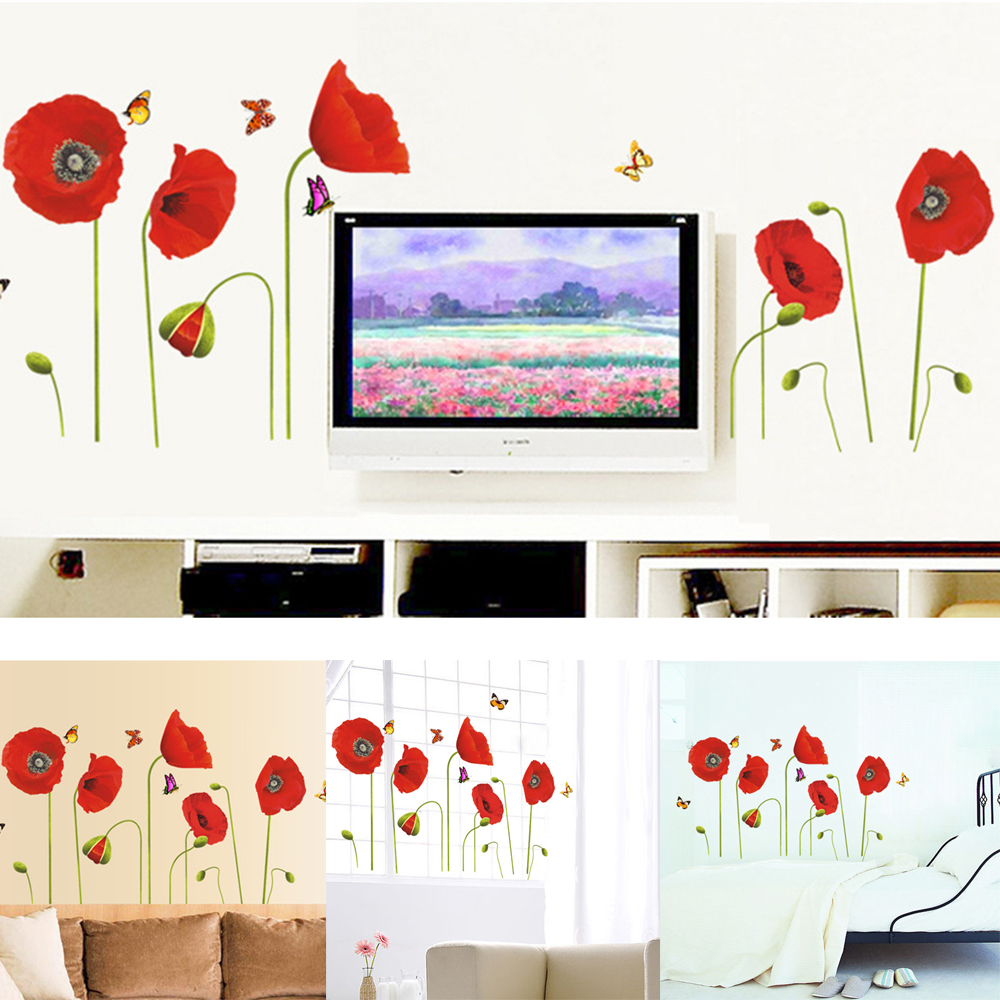 Graphics Wall Sticker PVC Window Ornament Red Poppy Flowers Butterflies ...