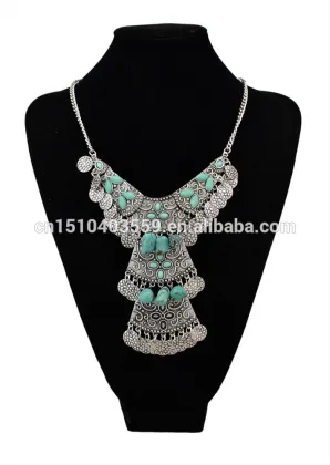 Gypsy Womens Silver Long Turquoise Pendant Jewelry Necklace