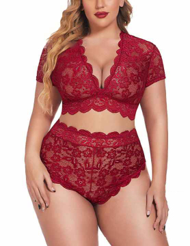 Plus Size Red Lace Bodysuit Set - Sexy Lingerie for Women