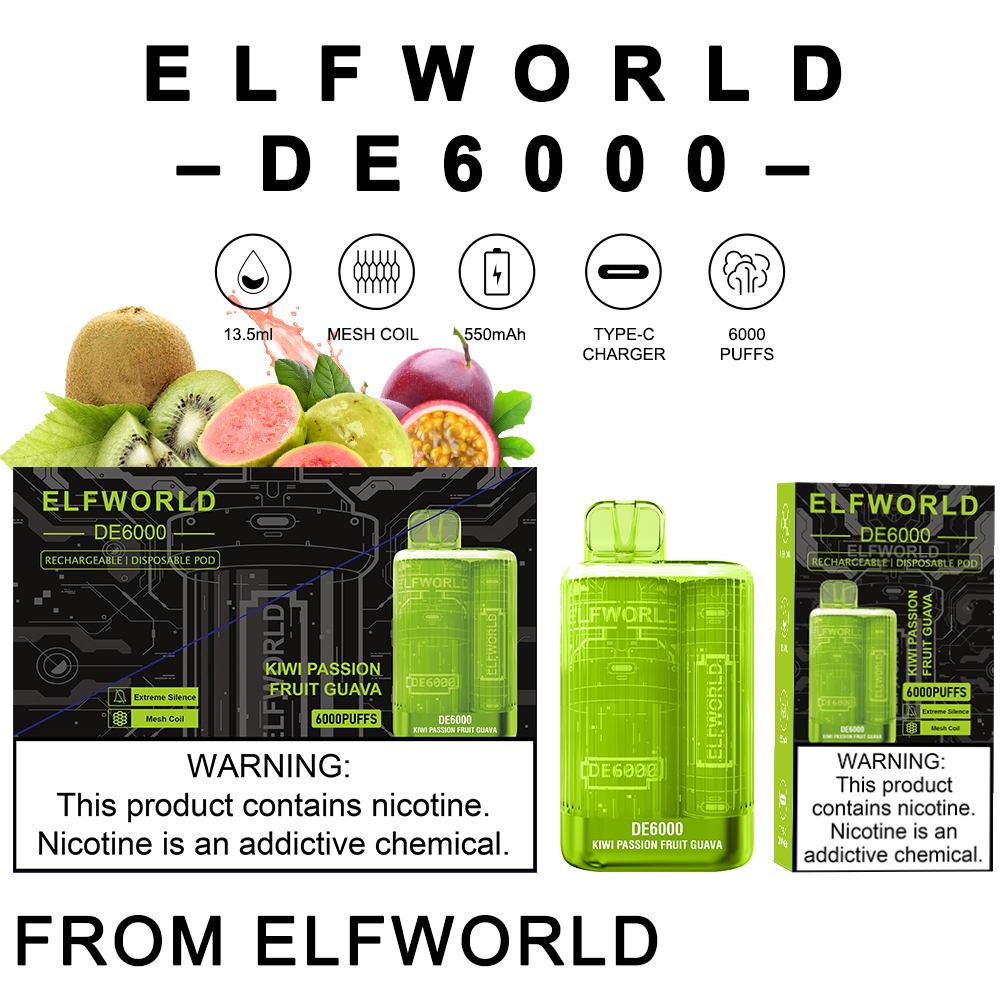 elf World De6000Puffs vape مع بطارية 550 مللي أمبير في الساعة