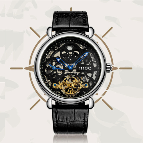 Echtes Leder-Art- und Weiseluxux-Skeleton Armbanduhr