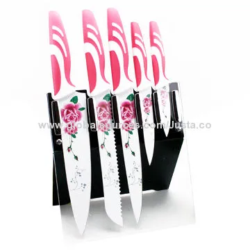5 Pieces of Kitchen Knives/Tools with Acrylic Holder, Design Series, Colorful