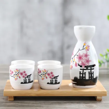 Japanese Ceramic Sake Set with Bamboo Tray