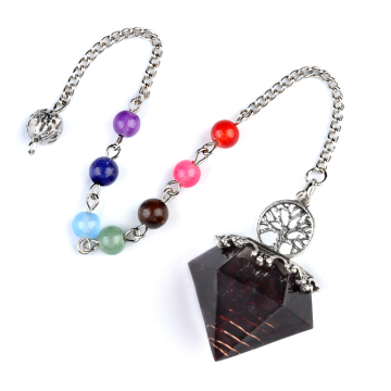 Colorful Tourmaline Chip Stone Resin Silver Diamonds Pendant & Pendulum 7 Chakra Chain
