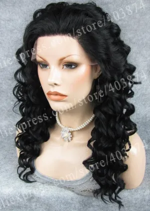 Charming Long Kinky Curly WIg Jet Black Wig Synthetic Lace Front Curly Wig