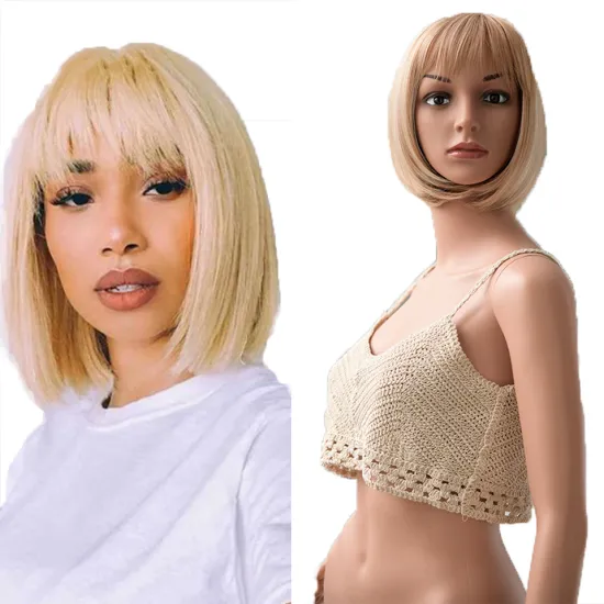 Hot Cake Ombre Ash Blonde Color Machine Made Short Bob Wigs With Bangs For Women Daily Use Heat Resistant Synthetic Wig