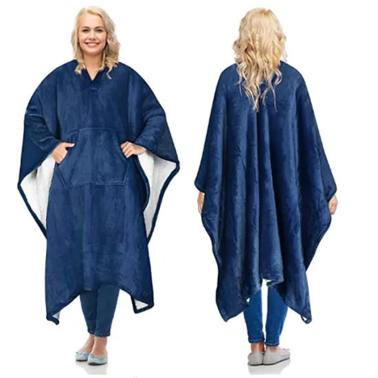 Oversized Sherpa plush fleece flannel wearable Hooded reversible move pocket design  Hoodie Blanket TV