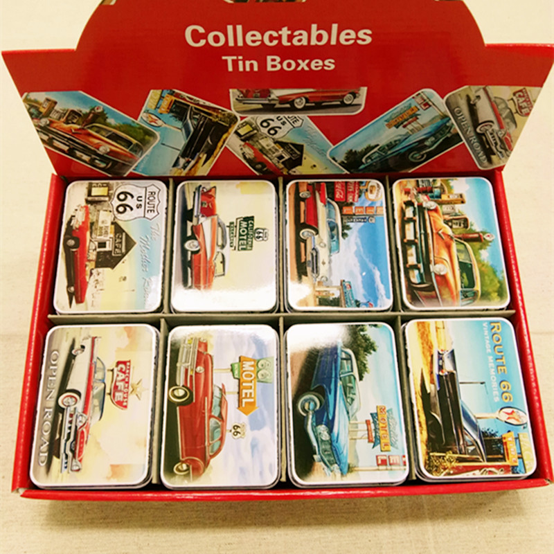 16pc/Box CAR ON ROAD ROUTE 66 Pringting Metal Storage Box Vintage Style Card Box Rectangle Candy Box Gift Case Shop Decor