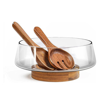 Elegant Practical Kitchen Extra Large Glass Salad Bowl Set with Acacia Wood Base for Parties