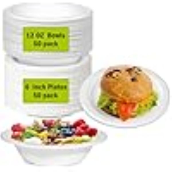 Disposable Paper Plates & Bowls - 6 inch, 12 OZ, Compostable, Biodegradable Eco Friendly for Cereals, Dessert, Salad - 100 Pack,