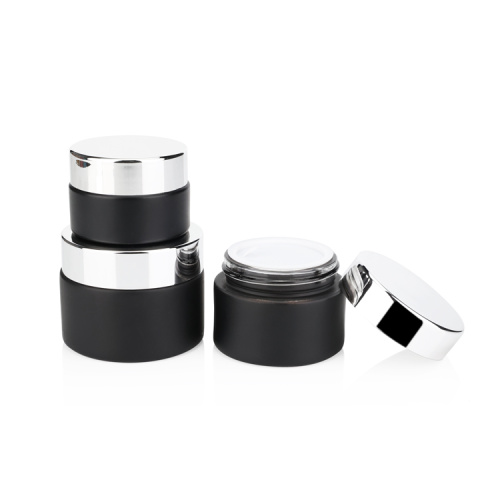 Hoge kwaliteit huidverzorging 30 g 50 g 100 g lege glazen crème cosmetische potten zwart mat met UV -gecoat zilveren deksel