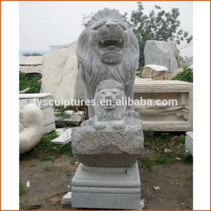 Outdoor granite animal of a big lion and a little lion statue