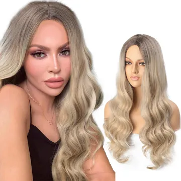 Ombre Black Blonde Hair For Wig Long Layered Synthetic Hair Wigs No Lace Long Water Wavy Hair Daily Use Wig