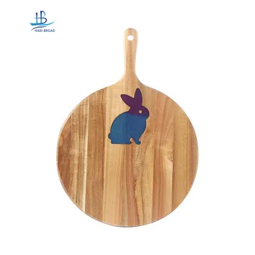 Custom Resin Rabbit Design Acacia Wood Round Cutting Board with Handle: A Stylish Pizza Tray and Serving Board