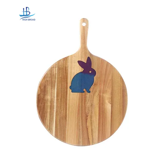 Custom Resin Rabbit Design Acacia Wood Round Cutting Board with Handle: A Stylish Pizza Tray and Serving Board