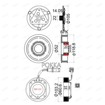 Pokka 6pk 12V frizione compressore d'aria per Peugeot 206 auto