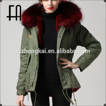 Wholesale price rex fur lined parka with raccoon fur hood