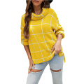 Women Pullover Sweater Turtleneck Plaid Long Sleeve