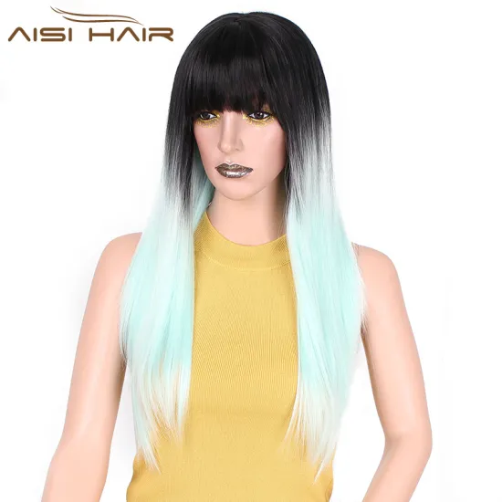 Aisi Hair Wholesale Cheap Cosplay Synthetic Silky Straight Hair Wigs With Neat Bangs Long Ombre Blue Color Wigs For Black Women
