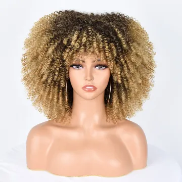Wholesale ombre blonde afro wig African toupee with bangs short kinky curly hair synthetic wig for black women curly wigs
