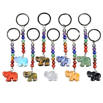 Porte-clés en pierre naturelle, pendentif éléphant sculpté avec 7 perles de guérison des chakras, breloque, étiquette de sac