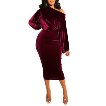 Womens Velvet Long Sleeve Midi Dress