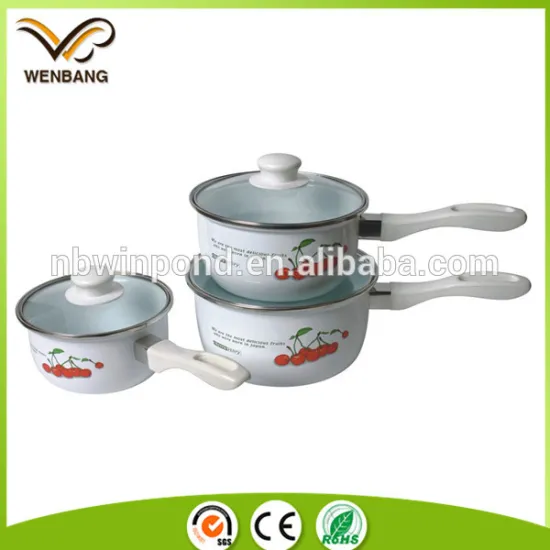 fruit printing glass lid single handle 3pcs set carbon steel enamel pan