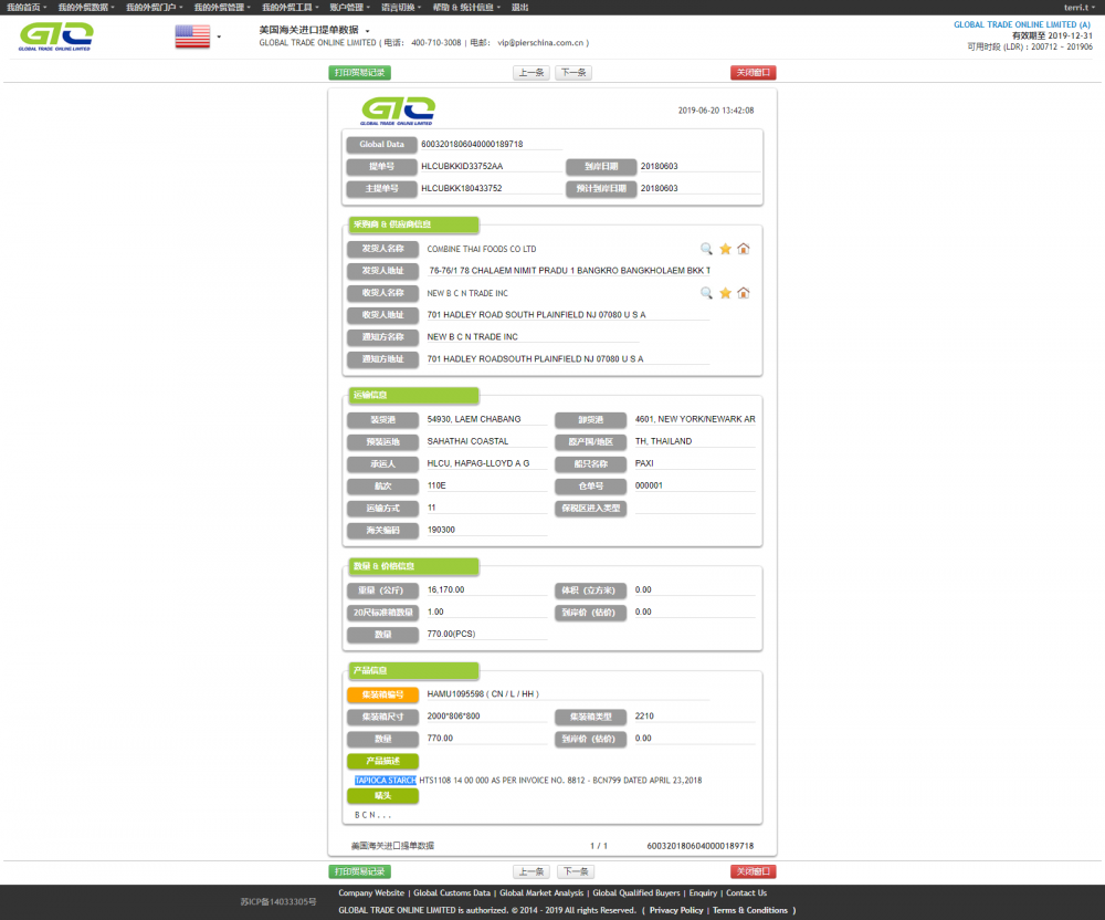 TAPIOCA STARCH USA CUSTOMS DATA