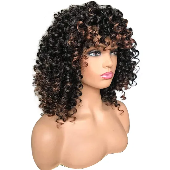Wholesale Short Bob Black Highlight Wig With Bangs for Black Women 14 Inch Afro Kinky Loose Curly Wave Synthetic Hair Wigs