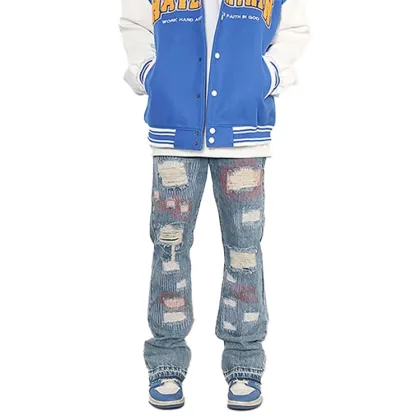 Washed Ripped Flare Stacked Leg Jeans Trousers