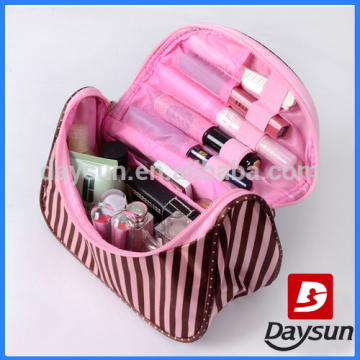 Pink Stripe Cosmetic Bag Pouch Storage Organizer Make Up Train Case