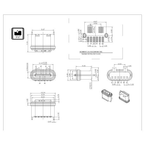 Type-C 6P Female Waterproof 180° SMT Connector