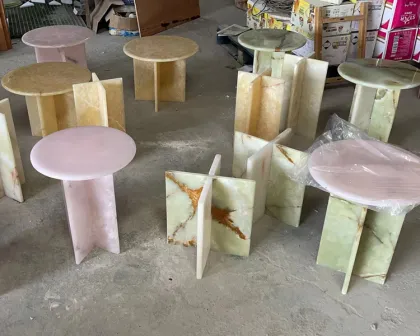 Onyx Table Tops: Round Marble Onyx Plinth and Pink Onyx Coffee Table