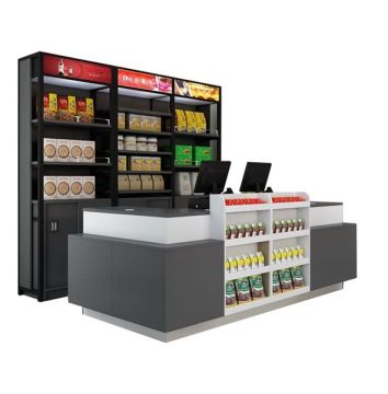 Penghitung checkout supermarket kayu baja dengan tampilan