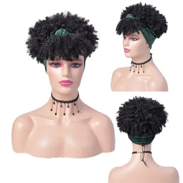 Wholesale Ombre Black  Short Turban Wig Afro Headband Wig Kinky Curly Synthetic Wig With Headband Attached For Black Women